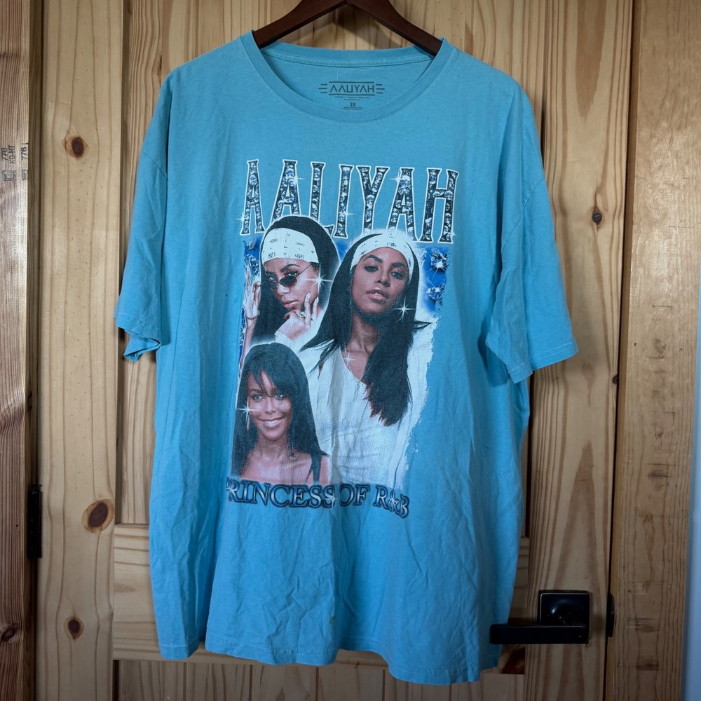 Aaliyah Princess of R&B Graphic T-Shirt Light Blue 2X Short Sleeve Cotton Tee